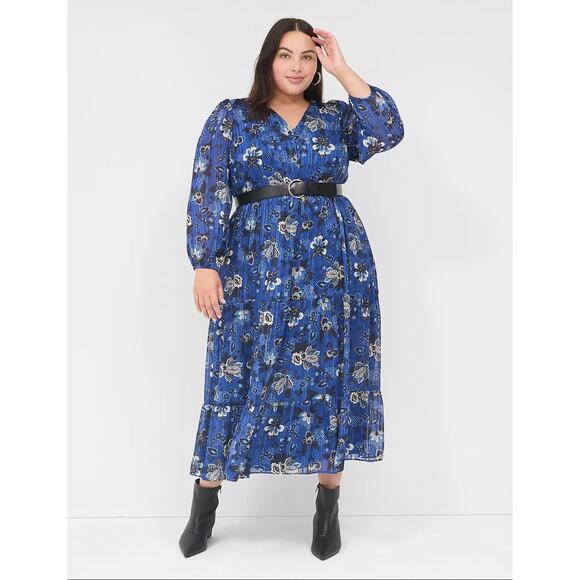 Lane Bryant Lurex Shimmer Royal Blue V-Neck Floral Maxi Dress Plus Size 30/32 - Picture 1 of 13